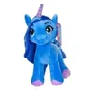 A blue plush toy unicorn with a purple horn and purple hooves, standing on a white background. Produktbild-Vorschau