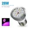 A 28W full spectrum LED grow light bulb with an E27 screw base is shown against a white background. A smaller inset image shows the bulb emitting purple and red light. Náhľad obrázku produktu