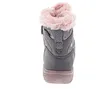 The back view of a child's boot with pink fur trim and heart pattern. Produktbild-Vorschau