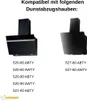 Two different models of black cooker hoods are shown side-by-side with compatibility lists below them. Produktbild-Vorschau