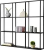 A black metal wall shelf with various decorative items and books. Náhľad obrázku produktu