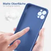 A hand touching a blue phone case, with text describing its matte surface and soft grip. Produktbild-Vorschau