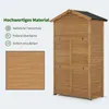 A wooden garden shed with text highlighting its material quality. Produktbild-Vorschau
