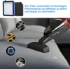 A handheld vacuum cleaner is shown cleaning a sofa, with various microscopic particles like dust mites, pollen, hair, and dander highlighted. Produktbild-Vorschau