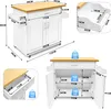 Multiple views and diagrams of a white kitchen cart with a wooden countertop, showing dimensions and weight capacities. Náhled obrázku produktu