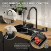 A modern kitchen sink area with a faucet, sink, and various accessories, highlighting different functions. Produktbild-Vorschau