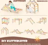 A collage of images showing a wooden climbing toy for children in various configurations, with children interacting with it. The top section features two children and German text. The bottom section displays multiple configurations of the climbing toy and  Produktbild-Vorschau