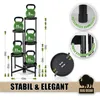 A multi-tiered plant stand with kettlebells on each tier, along with diagrams and text highlighting product features. Produktbild-Vorschau