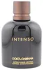 Runder, dunkelbrauner Flakon der Intenso After Shave Lotion von Dolce & Gabbana mit kupferfarbenem Deckel und goldener Beschriftung. Anteprima dell’immagine prodotto