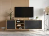 A modern living room with a TV stand and a television mounted on a slatted wooden wall. Produktbild-Vorschau