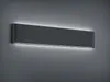 A dark gray, rectangular wall light fixture with subtle white LED lighting along the top and bottom edges, mounted on a gray wall. Produktbild-Vorschau