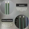 Close-up views of green LED candles with text overlays describing features. Produktbild-Vorschau