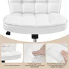 A collage of images showing details of a white office chair, including its cushion thickness, texture, and water-repellent surface. Produktbild-Vorschau