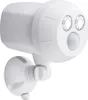 A white motion-activated outdoor spotlight with two LED lights and a motion sensor, mounted on a white bracket. Produktbild-Vorschau