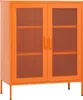 A front view of an orange metal storage cabinet with two doors and four legs, set against a white background. Podgląd zdjęcia produktu