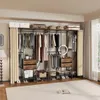 A well-organized open closet with clothes hanging and items stored on shelves and in drawers. Produktbild-Vorschau
