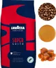 A collage featuring a bag of Lavazza Super Gusto coffee beans, a pile of coffee beans, a round cookie, and pieces of caramel. Produktbild-Vorschau