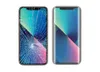 Two smartphones are shown side-by-side. The phone on the left has a cracked screen, while the phone on the right has a pristine screen and displays a colorful wallpaper. The image is presented on a white background. Produktbild-Vorschau