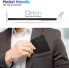 A person is putting a black phone case into their jacket pocket, with a graphic showing the thinness of the case. Voir les images du produit