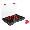 An open plastic organizer box with multiple compartments, some of which are red. The lid is transparent and also has compartments. Three small red plastic pieces are next to the box. Produktbild-Vorschau