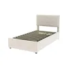 A single beige upholstered bed frame with a slatted base, shown from a three-quarter angle on a white background. Produktbild-Vorschau