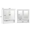 Two white bathroom cabinets with mirrored doors and open shelves, shown with dimensions indicated by text and lines. Anteprima dell’immagine prodotto