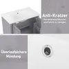 Collage showing details of a bathroom vanity cabinet. One section shows the cabinet with its doors open, revealing storage space and a ceramic sink. Another section highlights the "Anti-Kratzer" (anti-scratch) feature with accompanying text. A third sectio Podgląd zdjęcia produktu