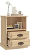 A wooden nightstand with two drawers and an open shelf, decorated with a vase of flowers, books, and picture frames. Voir les images du produit