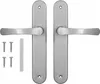 A set of two silver door handles with screws and a connecting bar, laid out on a white background. Produktbild-Vorschau