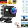 A 4K action camera with accessories and feature callouts. Produktbild-Vorschau