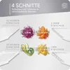 An image demonstrating different cutting options of a vegetable slicer, showing various vegetables cut into different shapes and sizes. Podgląd zdjęcia produktu