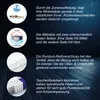 A dark, starry background with a wooden floor texture at the bottom. The image features several circular graphics with text and illustrations related to mattress features. Produktbild-Vorschau
