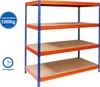 A four-tier orange and blue shelving unit with brown shelves, shown against a white background. Podgląd zdjęcia produktu