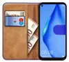 A book-style phone case with a Huawei P40 Lite phone inside, showing credit cards and banknotes. Produktbild-Vorschau