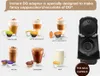 A collage of different coffee drinks made with an adapter, along with the adapter itself. Produktbild-Vorschau