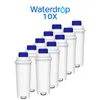 A group of water filters arranged in a diagonal line against a white background.