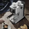 A person is pouring milk into a cup of coffee next to an espresso machine. Produktbild-Vorschau