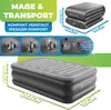 Collage of images showing an inflatable mattress, its folded dimensions, and close-ups of its features and pump. Produktbild-Vorschau