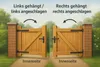 Two wooden gates are shown, one hinged on the left and the other on the right, with text explaining the difference. Anteprima dell’immagine prodotto