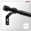 A close-up of a black curtain rod with a bracket, against a light gray and white background. Produktbild-Vorschau