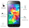 A Samsung Galaxy S5 Mini smartphone is shown with protective screen features highlighted by text and icons. Produktbild-Vorschau