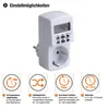 A digital timer plug with four feature icons and descriptions below. Produktbild-Vorschau
