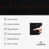 A close-up of an induction cooktop with a hand touching the control panel, accompanied by feature icons and text. Produktbild-Vorschau
