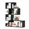 A black, S-shaped, five-tier bookshelf filled with various decorative items and books, presented against a white background. Podgląd zdjęcia produktu