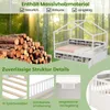 A marketing image showcasing a white house-shaped bed with integrated storage, set against a backdrop of a forest and a pile of logs, highlighting material and structural details. Produktbild-Vorschau