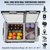 A dual-zone portable refrigerator with its lids open, showing compartments filled with beverages, fruits, and packaged meat. Icons and text describe its features and uses. Náhled obrázku produktu