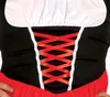 Close-up of the bodice of a costume with black fabric, white trim, and red lacing. Anteprima dell’immagine prodotto