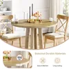 A round dining table with chairs in a well-lit room, with decorative elements and text overlays highlighting product features. Produktbild-Vorschau