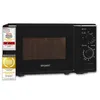 A black Exquisit microwave oven is shown from the front on a white background. There are several award badges on the left side of the product. Produktbild-Vorschau