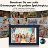 A digital photo frame displaying a birthday scene, surrounded by a collage of family photos and marketing text. Produktbild-Vorschau